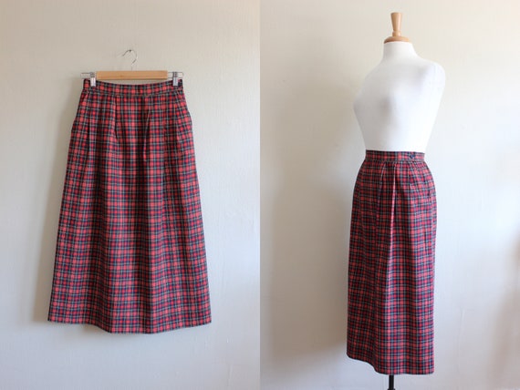 Vintage Pendleton Red Plaid Wool A-Line Midi Skirt - image 1