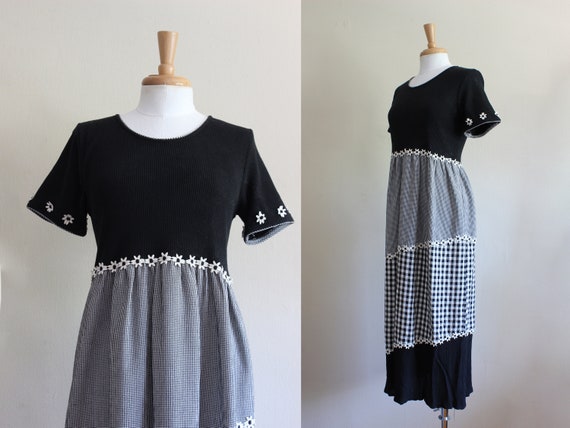 Vintage Black Waffle Knit & Gingham Midi Dress wi… - image 1