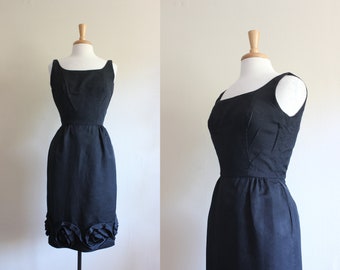 Vintage 1960s Black Rosette Hem Cocktail Dress