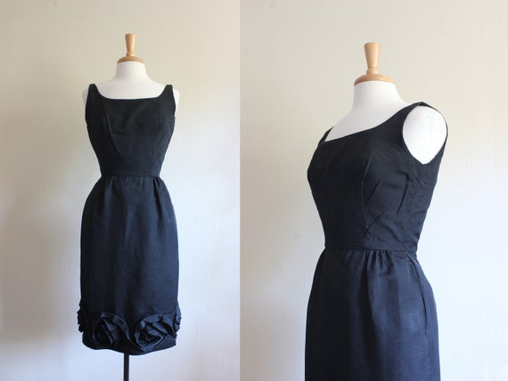 Vintage 1960s Black Rosette Hem Cocktail Dress - image 1