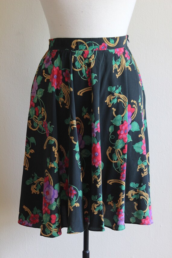 Vintage Black Floral 100% Silk Mini Skirt - image 3