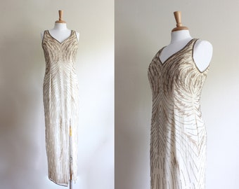 Vintage 1980s Champagne & Silver Beaded Ivory Silk Gown