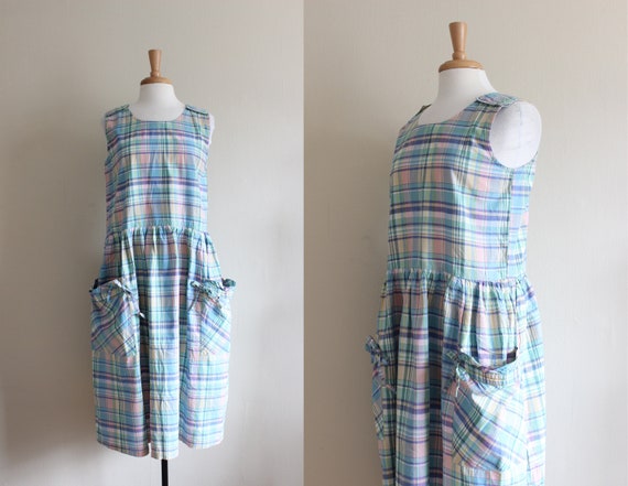 Vintage Pastel Plaid Cotton Slouchy Summer Dress