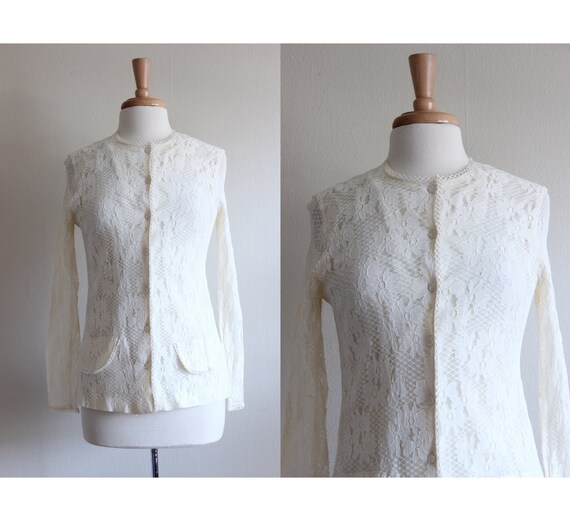 Vintage 1960s Ivory Lace Cardigan Top - image 1