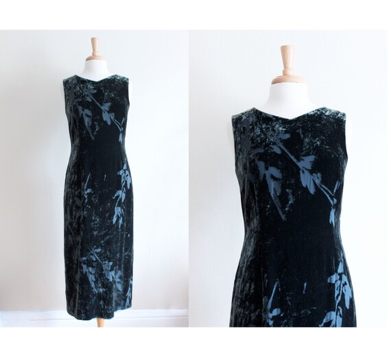 1990s Forest Green Velvet Burnout Midi Dress