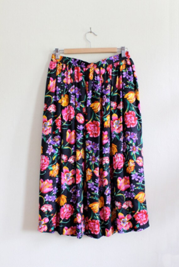 Vintage Black & Multicolor Floral 100% Silk Midi … - image 2