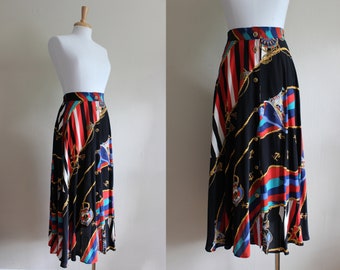 Vintage Black Multicolor Nautical Theme Midi Skirt