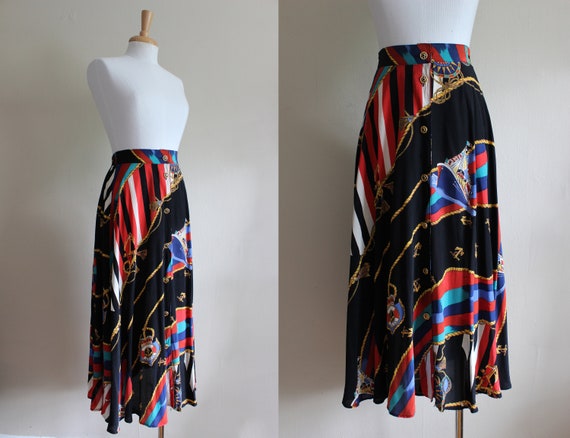 Vintage Black Multicolor Nautical Theme Midi Skirt - image 1