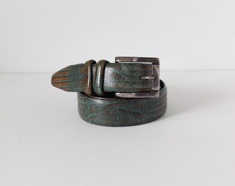 Vintage Bill Lavin Green Embossed Leather Belt with Silver Tone Buckle