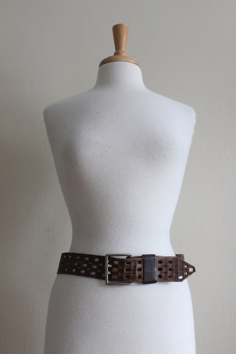 Vintage Checkerboard Cutout Brown Leather Wide Belt image 2