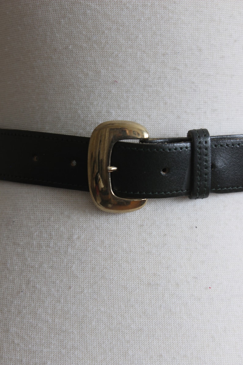 Vintage Dark Green Leather Belt with Gold Tone Buckle image 2