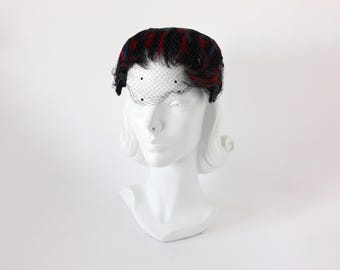 Vintage Black, Red, and Teal Feather Headband Half Hat with Veil