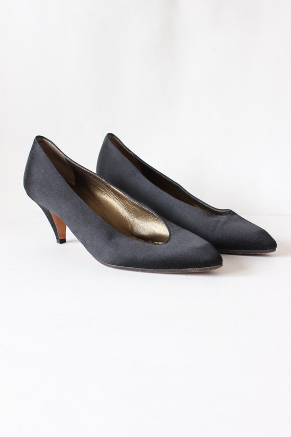 Vintage 1980s Yves Saint Laurent Black Satin Pump… - image 3