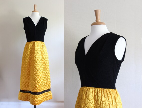 1960s Dress / Vintage Black & Gold Quilted Skirt M