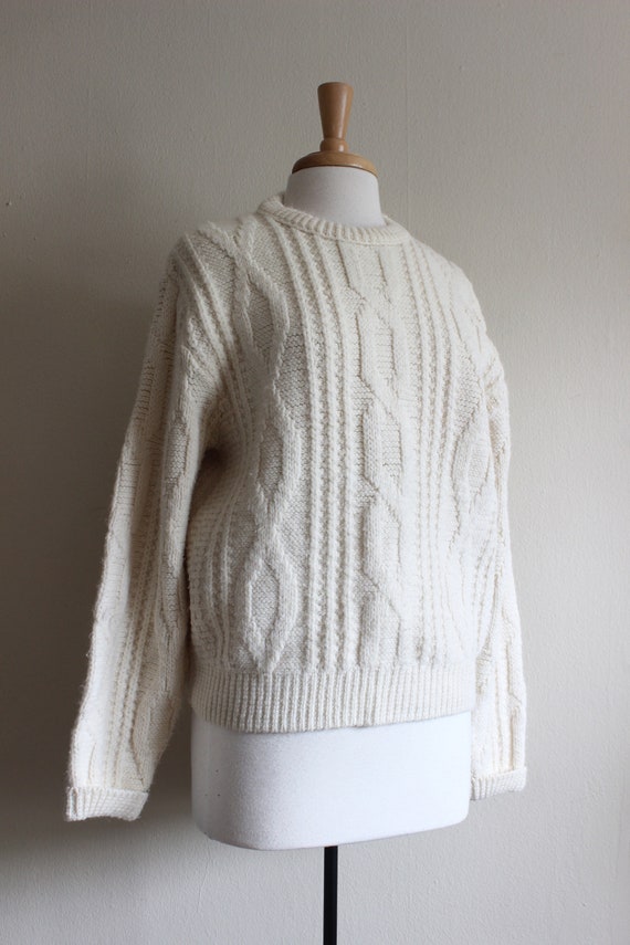 Vintage 1960s Off White Cable Knit Slouchy Pullov… - image 7