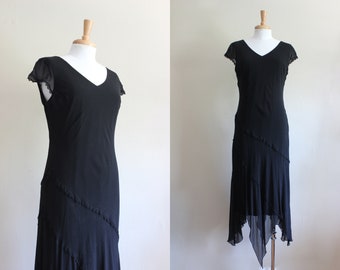 Vintage Black Silk Chiffon Bias Cut Handkerchief Hem Dress