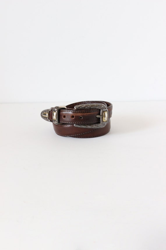 Vintage 1990s Dark Brown Leather Belt with Mixed M