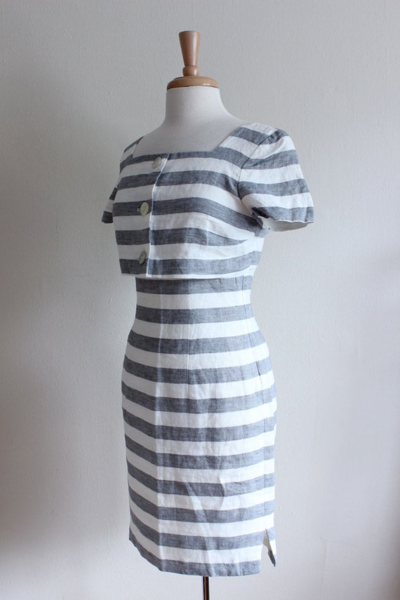 Vintage Geary Roark Grey & White Stripe Linen Dre… - image 3