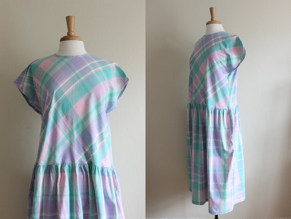 Vintage Pastel Green & Purple Plaid India Cotton D