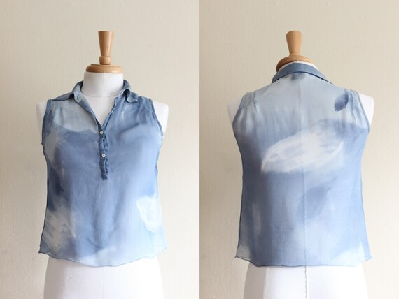 Vintage 1990s Blue Watercolor Silk Chiffon Top an… - image 9