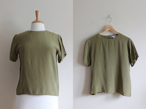 Vintage Olive Green Silk T-Shirt Top - image 1