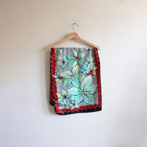 Vintage Bold Red, Black and Green Floral Silk  Scarf