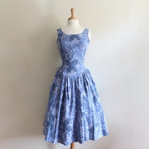 Vintage 1980s Low Back Blue Floral Cotton Midi Dress