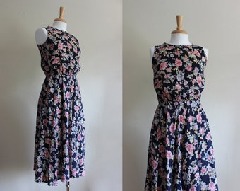 Vintage Navy Blue Floral Midi Dress