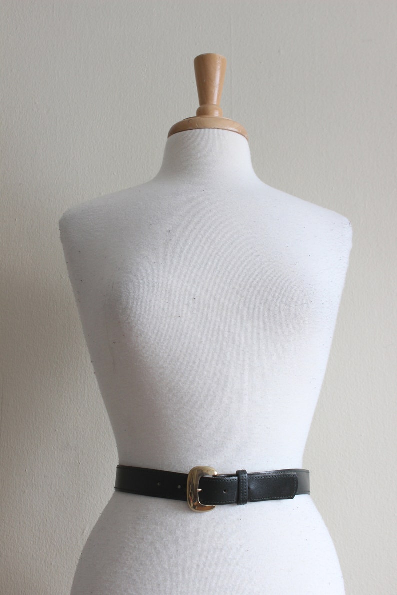 Vintage Dark Green Leather Belt with Gold Tone Buckle image 3