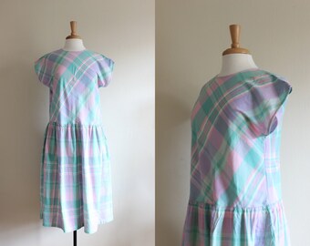 Vintage Pastel Green & Purple Plaid India Cotton Drop Waist Dress