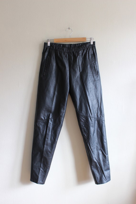 Vintage 1980s Slim Leg Black Leather Pants - image 2