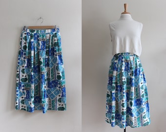 Vintage 1990s does 1950s Blue Mixed Print Midi Skirt