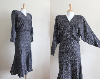 Vintage Long Sleeve Blouson Black Polka Dot Silk Dress