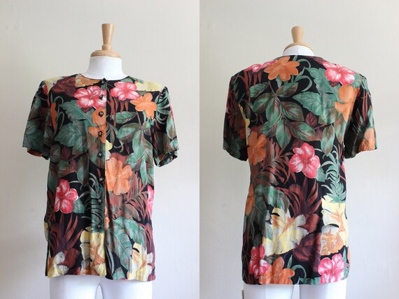 Vintage Black Multicolor Floral 2-Piece Top and S… - image 9