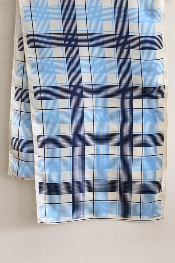 Vintage Blue Plaid Silk Blend Echo Scarf - image 3