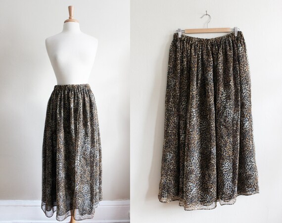 Vintage Leopard Print Chiffon Full Midi Skirt