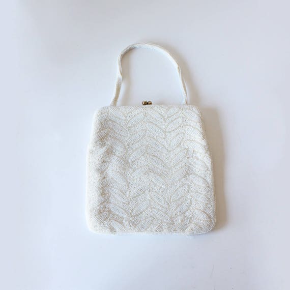 1950s Bag / Vintage Magid White Hand Beaded Evenin