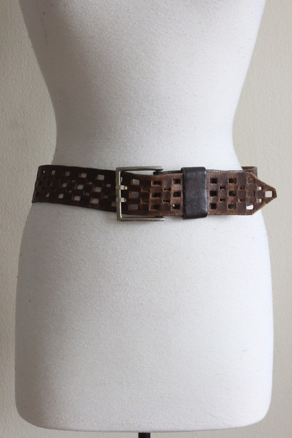 Vintage Checkerboard Cutout Brown Leather Wide Bel