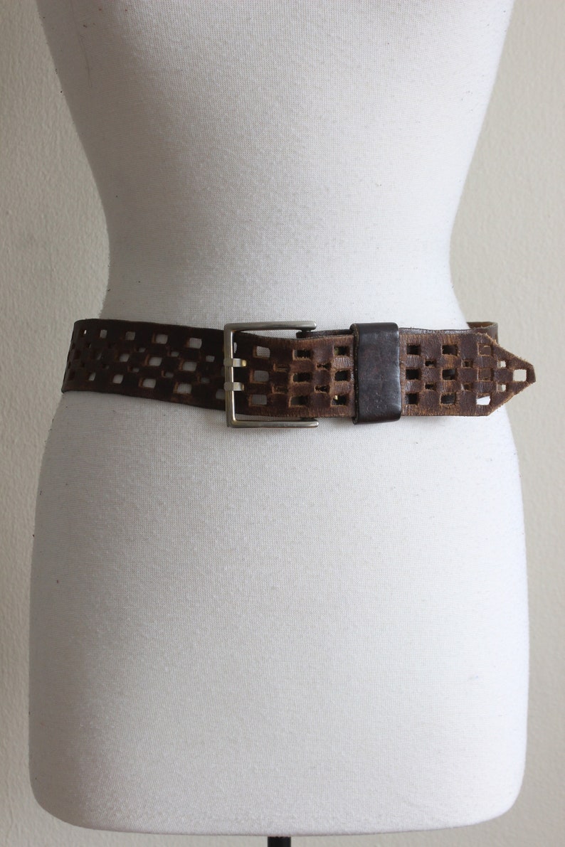 Vintage Checkerboard Cutout Brown Leather Wide Belt image 1