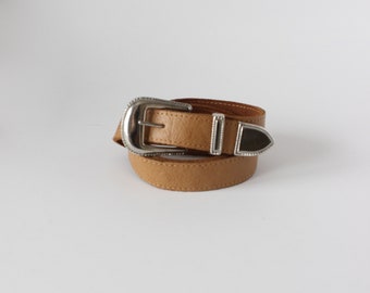 Vintage Tan Leather Belt with Silver Tone Buckle