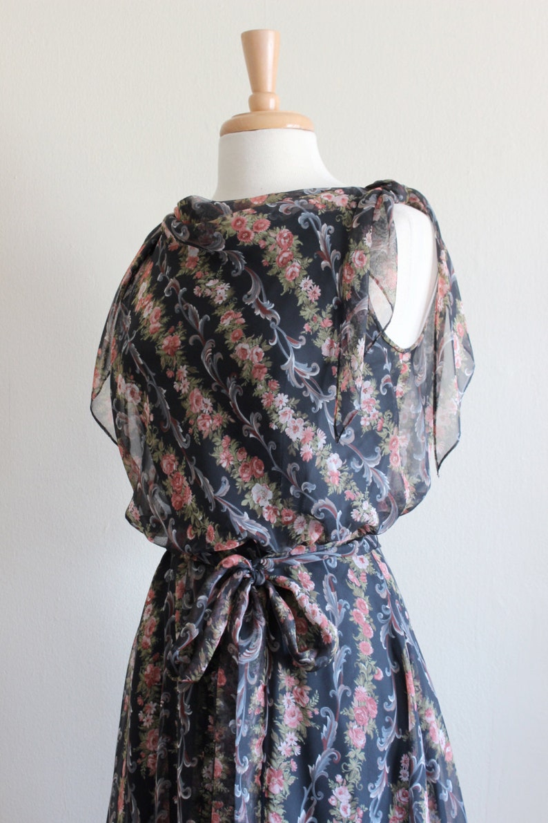1970s Dress Vintage Black Floral Chiffon Dress