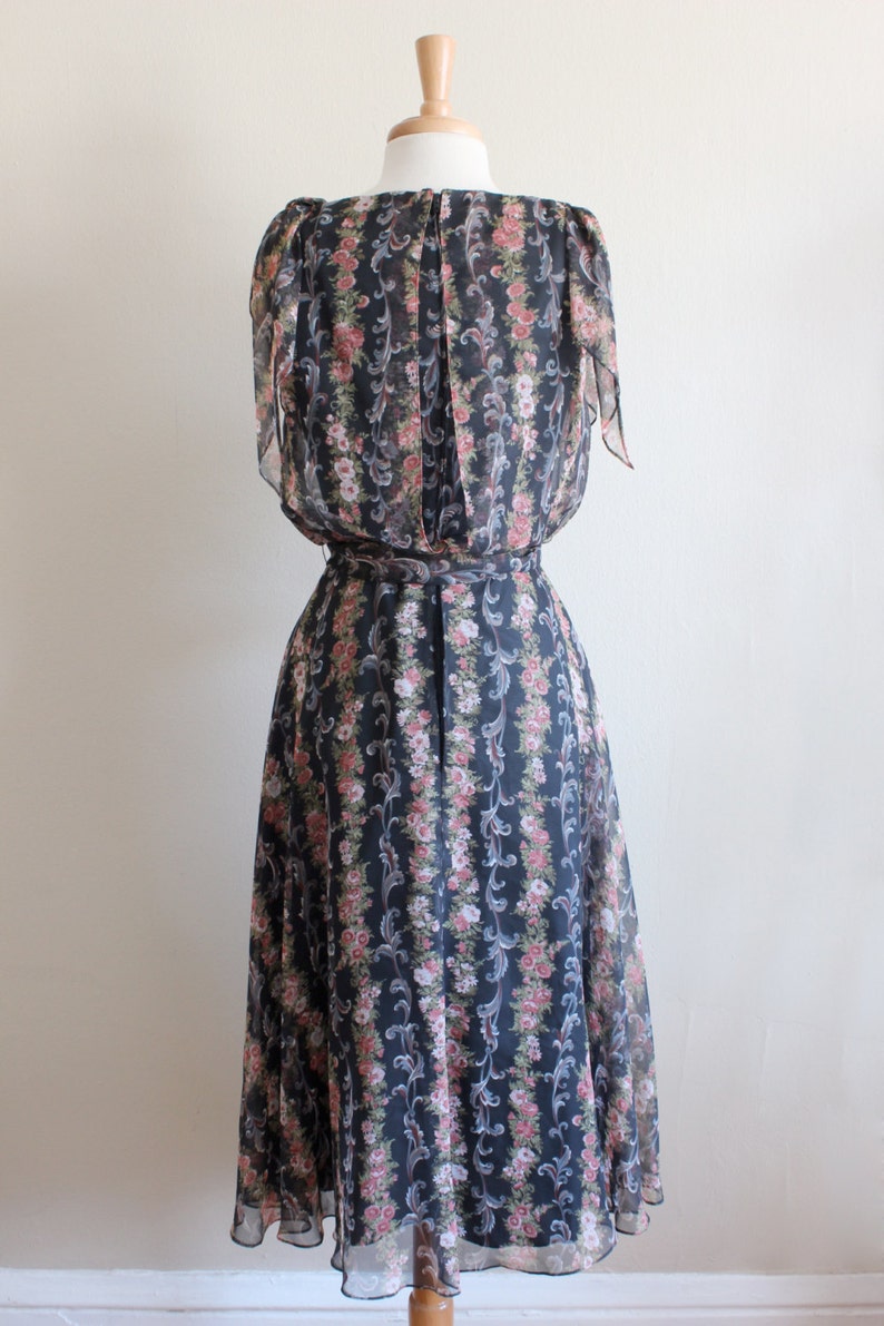 1970s Dress Vintage Black Floral Chiffon Dress