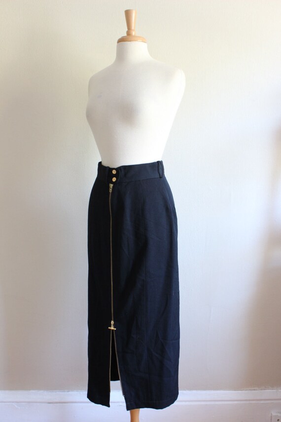 Vintage Black Wool Zipper Front Midi Skirt - image 3