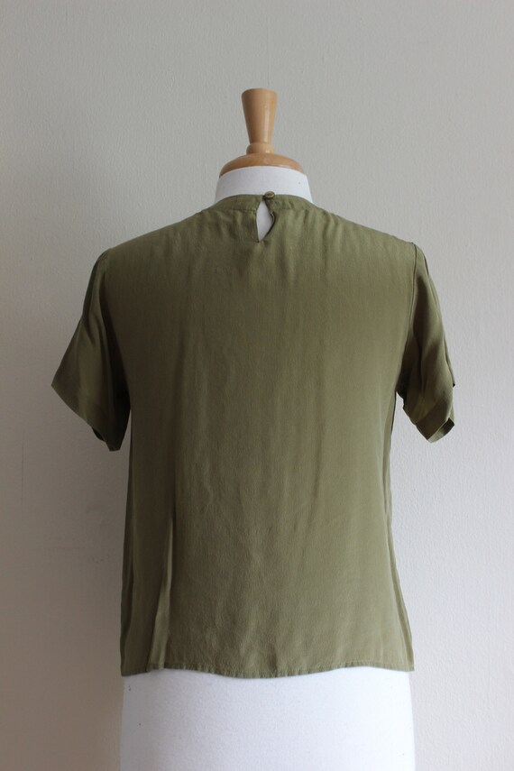 Vintage Olive Green Silk T-Shirt Top - image 7