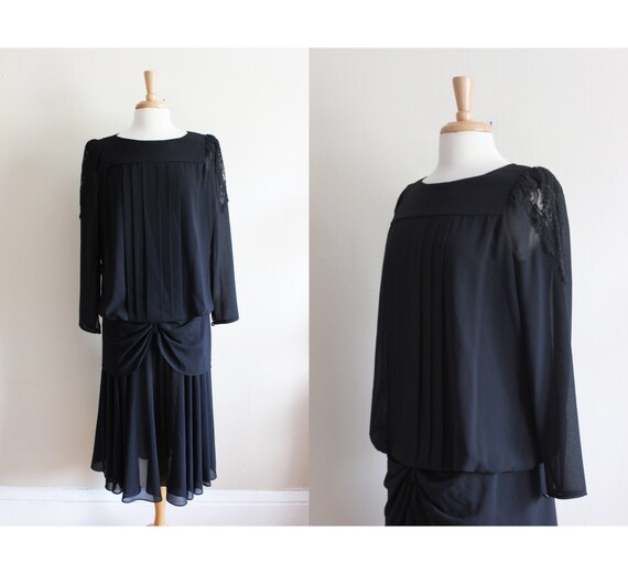 Vintage 1980s does 1920s Black Chiffon Diane von … - image 1