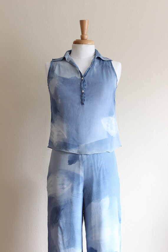 Vintage 1990s Blue Watercolor Silk Chiffon Top an… - image 3