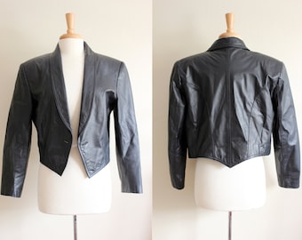 Vintage Shawl Collar Black Leather Cropped Jacket