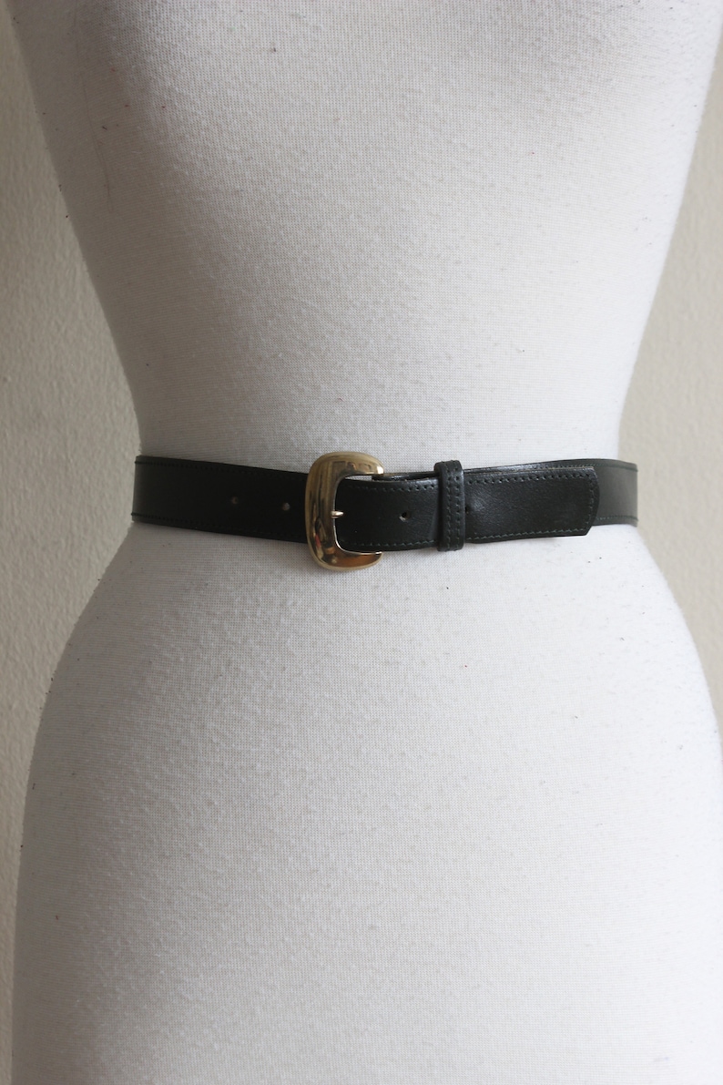 Vintage Dark Green Leather Belt with Gold Tone Buckle image 1