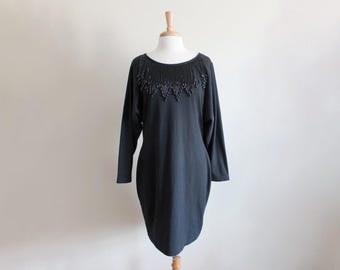 Vintage Long Sleeve Black Jersey Knit Dress with Beaded Fringe