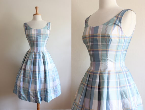 Vintage Pastel Plaid Taffeta Party Dress